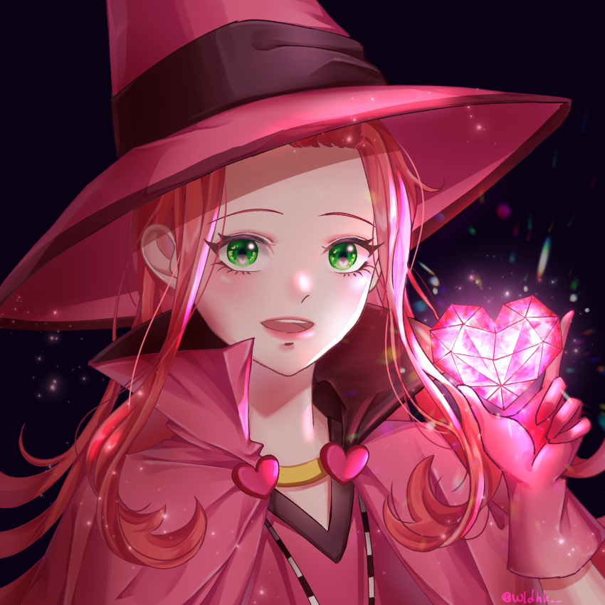 1girl black_background cape chocolat_meilleure commentary_request gamin_(rkald1110) gloves green_eyes heart highres holding holding_heart long_hair looking_at_viewer open_mouth orange_hair pink_cape pink_gloves pink_hat sidelocks simple_background solo sparkle sugar_sugar_rune upper_body