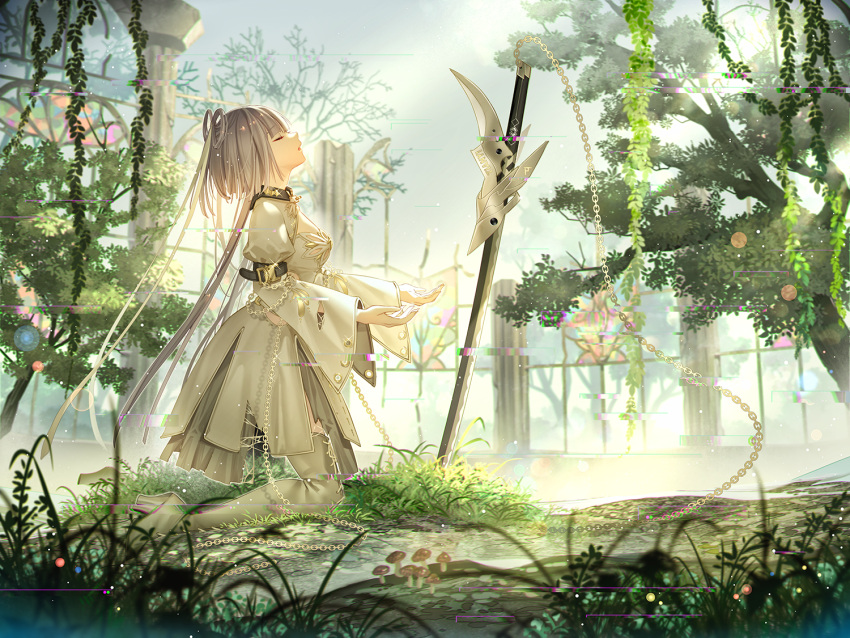 1girl 300_battles boots chain cleavage_cutout closed_eyes clothing_cutout cross-laced_footwear day dress from_side full_body glitch grass grey_hair hair_rings high_heels juliet_sleeves kneeling lace-up_boots long_hair long_sleeves low_twintails luo_tianyi mushroom on_grass open_mouth planted planted_sword profile puffy_sleeves ruins sky solo sunlight sword thigh_boots tidsean tree twintails vocaloid vsinger_(vocaloid) weapon white_dress window