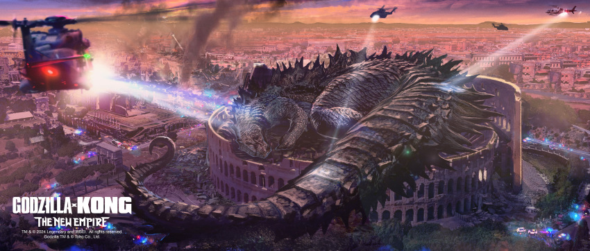 absurdres car city colosseum concept_art destruction english_commentary giant giant_monster godzilla godzilla_(monsterverse) godzilla_(series) godzilla_x_kong:_the_new_empire highres kaijuu long_tail monsterverse motor_vehicle official_art police_car scenery second-party_source sleeping smoke spines spotlight tail