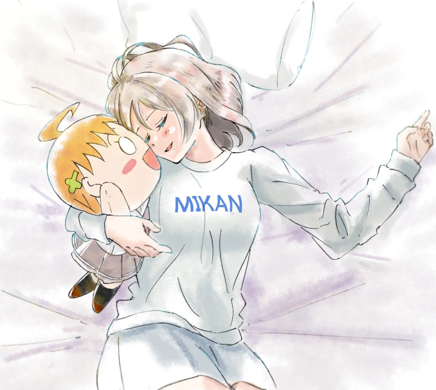 1girl bed blush brown_hair love_live! love_live!_sunshine!! lying nesoberi pillow ryxxxxx short_hair simple_background smile stuffed_toy takami_chika thighs watanabe_you