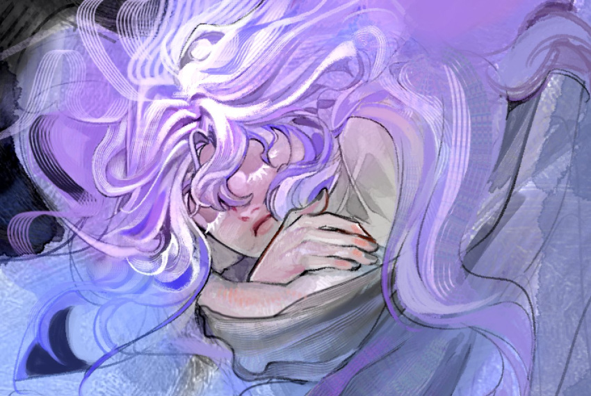 1girl black_nails closed_eyes closed_mouth colored_eyelashes commentary elden_ring long_hair lulu_lala_mspaintpics purple_hair sleeping solo st._trina_(elden_ring)