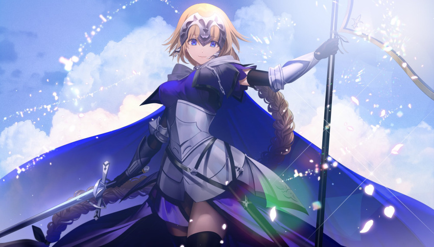 1girl armor battle_standard black_gloves black_thighhighs blonde_hair blue_cape cape chain closed_mouth clouds commentary_request cowboy_shot dress fate/grand_order fate_(series) flag glint gloves headpiece highres holding holding_flag holding_sword holding_weapon jeanne_d'arc_(fate) jeanne_d'arc_(ruler)_(fate) long_braid looking_at_viewer outdoors plackart purple_dress scabbard sheath sky smile solo standard_bearer sword thigh-highs tsukimoto_aoi vambraces weapon