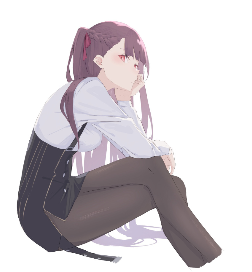 1girl arm_support black_pantyhose braid cropped_legs crossed_legs french_braid from_side girls_frontline hair_ribbon hand_on_own_face hand_on_own_knee highres looking_at_viewer masshiromilktea11014 one_side_up pantyhose purple_hair red_eyes red_ribbon ribbon sideways_glance simple_background sitting solo wa2000_(girls'_frontline) white_background