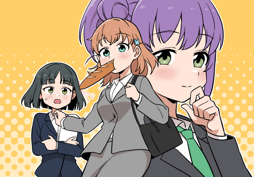 3girls alternate_costume aqua_eyes baguette black_hair black_jacket blazer blunt_bangs blunt_ends blush bread breasts business_casual cerise_bouquet closed_mouth collared_shirt commentary_request crossed_arms crossed_bangs dress_shirt flower_knot food food_in_mouth green_eyes green_necktie grey_jacket hair_bun hair_ornament halftone halftone_background hand_on_own_chin highres hinoshita_kaho holding holding_paper jacket koaraya light_smile link!_like!_love_live! long_hair looking_at_viewer love_live! medium_breasts medium_hair momose_ginko mouth_hold multiple_girls necktie office_lady open_mouth orange_background orange_hair otomune_kozue outline paper paper_stack purple_hair rabbit_hair_ornament shirt short_hair side_ponytail sidelocks single_side_bun split_mouth suit sweatdrop two_side_up virtual_youtuber white_outline white_shirt