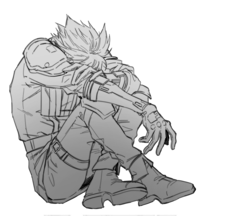 1boy boots cloud_strife crisis_core_final_fantasy_vii crossed_ankles final_fantasy final_fantasy_vii full_body gloves greyscale hand_on_own_arm head_down highres hugging_own_legs male_focus military_uniform monochrome moyanwxy pants shinra_infantry_uniform short_hair shoulder_pads solo spiky_hair thigh_strap uniform white_background