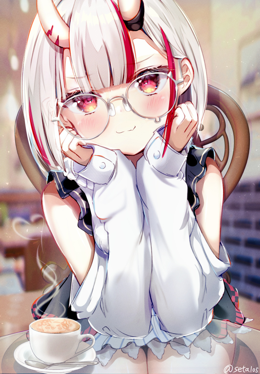 1girl artist_name blush breasts cafe coffee coffee_cup cup detached_sleeves disposable_cup frills glass_table glasses hair_ornament highres hololive horns looking_at_viewer multicolored_hair nakiri_ayame nakiri_ayame_(girly) official_alternate_costume oni pov red-framed_eyewear red_eyes redhead round_eyewear saucer semi-rimless_eyewear seta_(seta105) shirt short_hair sitting skin-covered_horns smile solo spoon streaked_hair table teardrop-framed_glasses virtual_youtuber white_hair white_shirt