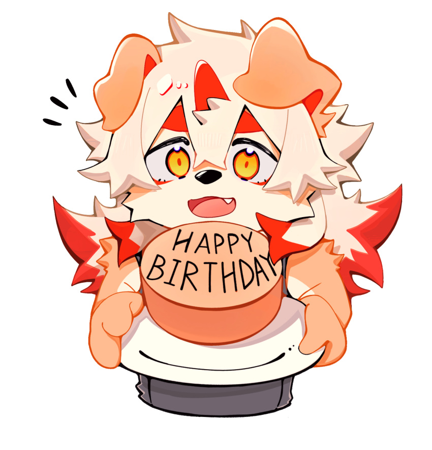 1boy arknights birthday_cake black_shirt cake chibi chinese_commentary colored_tips commentary_request fang food furry furry_male happy_birthday highres holding holding_plate horns hung_(arknights) komainu_boy komainu_ears looking_at_viewer male_focus multicolored_hair notice_lines open_mouth orange_eyes plate second-party_source shirt single_horn sleeveless sleeveless_shirt smile upper_body wang_yzzx white_background