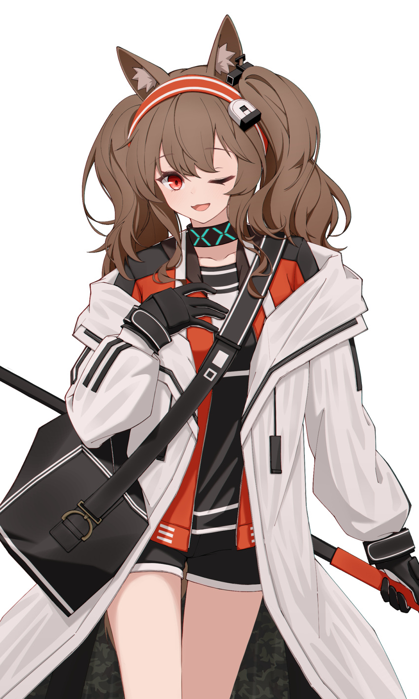 1girl ;d absurdres angelina_(arknights) animal_ear_fluff animal_ears arknights bag black_gloves black_shirt black_shorts breasts brown_hair commentary_request gloves hair_between_eyes hairband hand_up highres jacket long_sleeves looking_at_viewer lxjun_09 off_shoulder one_eye_closed open_clothes open_jacket orange_jacket puffy_long_sleeves puffy_sleeves red_eyes red_hairband shirt short_shorts shorts shoulder_bag simple_background small_breasts smile solo standing striped_clothes striped_hairband twintails white_background white_jacket