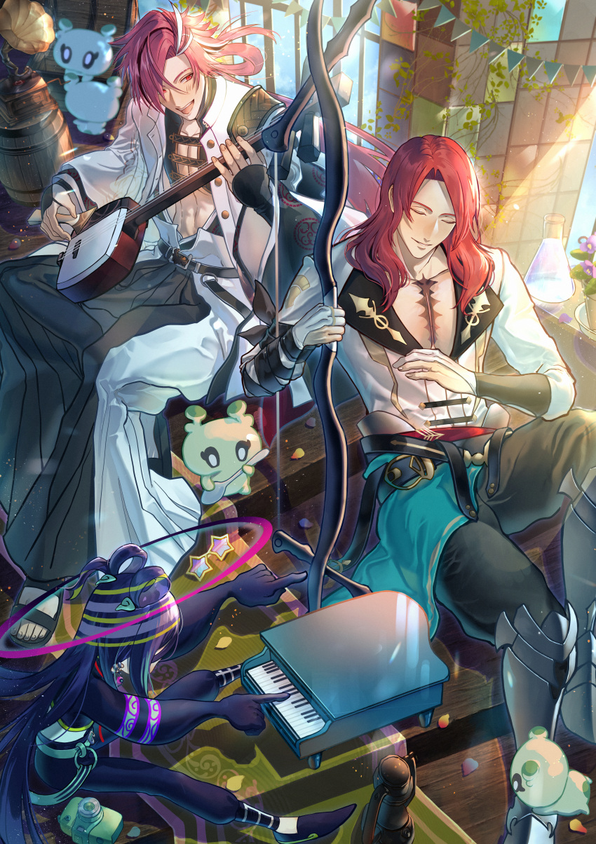 absurdres black_hair black_pants blue_hair chinese_clothes closed_eyes con_(fate) dragon_print earrings eyebrow_cut failnaught_(fate) fate/grand_order fate_(series) gloves hair_over_one_eye halo harp highres holding instrument jacket japanese_clothes jewelry long_hair long_sleeves low_ponytail makeup multicolored_hair multiple_boys nagatekkou pants pectoral_cleavage pectorals red_eyes redhead sanbon_hijiki shamisen smile streaked_hair taisui_xingjun_(fate) takasugi_shinsaku_(fate) toned toned_male tristan_(fate) underpec upper_body weapon white_hair white_jacket