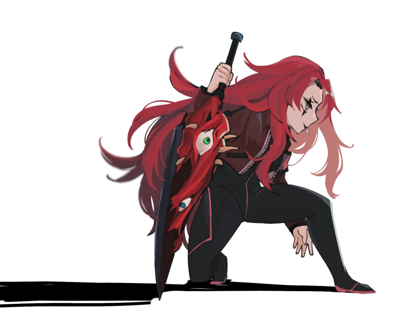 0o0onnk 1girl black_bodysuit bodysuit cigarette cropped_jacket gebura_(project_moon) highres holding holding_sword holding_weapon jacket lobotomy_corporation long_hair long_sleeves looking_to_the_side on_one_knee project_moon red_jacket redhead simple_background solo sword very_long_hair weapon white_background