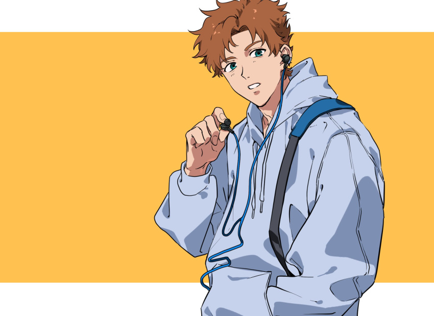 1boy asamine_matakara blue_eyes blue_hoodie brown_hair bucchigiri?! earphones earphones hand_in_pocket highres holding hood hoodie looking_at_viewer male_focus open_mouth parted_lips rectangle removing_earbuds short_hair simple_background upper_body yellow_background