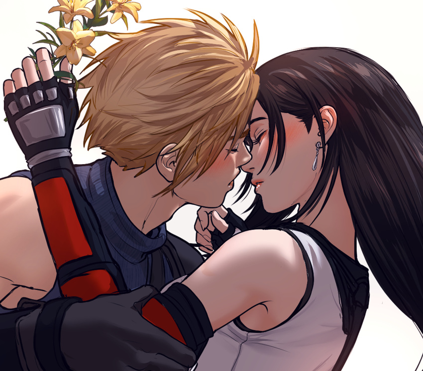 1boy 1girl armor bare_shoulders black_gloves black_hair black_sports_bra blonde_hair blue_sweater blush close-up closed_eyes closed_mouth cloud_strife couple crop_top earrings english_commentary facing_another final_fantasy final_fantasy_vii final_fantasy_vii_rebirth final_fantasy_vii_remake fingerless_gloves flower from_side gloves hand_on_another's_chin highres holding holding_another's_arm holding_flower imminent_kiss jewelry long_hair nosleeparewe parted_lips profile short_hair shoulder_armor single_arm_guard single_bare_shoulder single_earring sleeveless sleeveless_turtleneck spiky_hair sports_bra suspenders sweater tank_top tifa_lockhart turtleneck turtleneck_sweater upper_body white_background white_tank_top yellow_flower