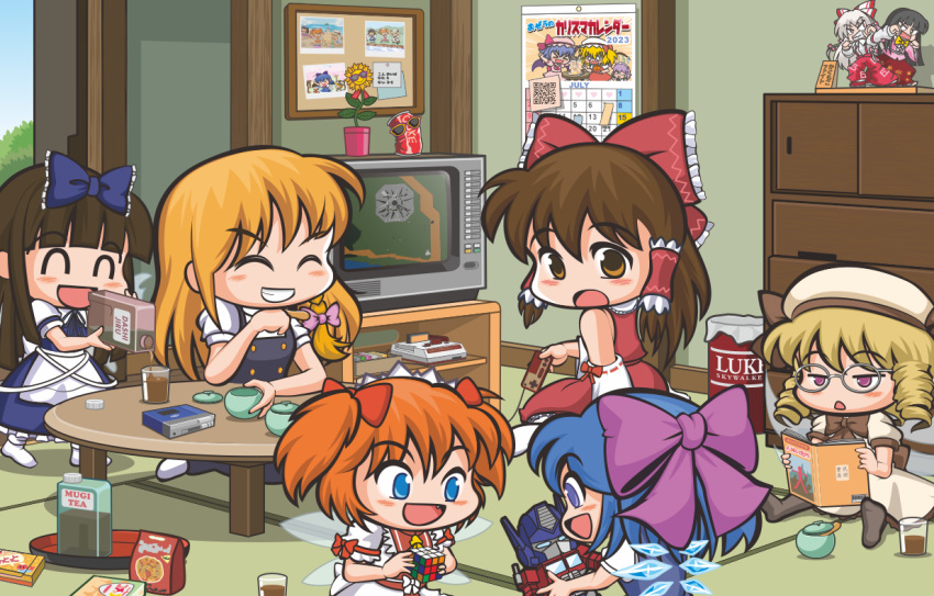 6+girls :d ^_^ blonde_hair blue_bow blue_eyes blue_hair blunt_bangs bow bowtie brown_bow brown_bowtie brown_eyes brown_hair calendar_(object) can character_doll chestnut_mouth chibi cirno closed_eyes closed_mouth controller copyright_request crt detached_sleeves dress drill_hair drink_can famicom famicom_gamepad flandre_scarlet flower fujiwara_no_mokou full_body game_console game_controller glasses grey-framed_eyewear grin hair_between_eyes hair_bow hakurei_reimu hime_cut holding holding_controller holding_game_controller houraisan_kaguya ice ice_wings indoors izayoi_sakuya jun_sasaura kirisame_marisa long_hair looking_at_another luna_child medium_bangs medium_hair multiple_girls no_headwear open_mouth optimus_prime orange_hair pink_bow pink_eyes playing purple_bow quad_drills reading red_bow remilia_scarlet rubik's_cube short_hair sitting smile soda_can star_sapphire sunflower sunglasses sunny_milk tatami tea touhou transformers tray two_side_up white_dress white_hat white_sleeves wings