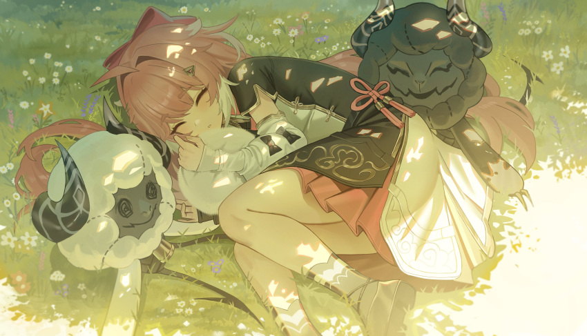 1girl :o absurdres black_socks blush boots bow chinese_clothes closed_eyes curled_up detached_sleeves dress encore_(wuthering_waves) foot_out_of_frame hair_spread_out highres jeze long_hair lying on_grass on_ground red_bow redhead sheep sleeping sleeves_past_wrists socks solo sunlight very_long_hair white_arm_warmers white_dress white_sleeves wuthering_waves