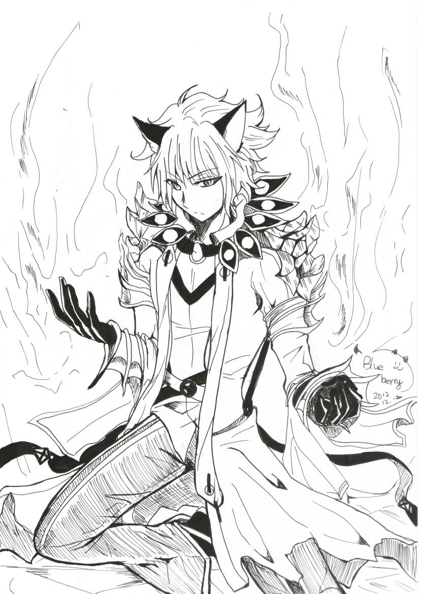1boy absurdres animal_ears cat_ears closed_mouth coat commentary_request dated fire foot_out_of_frame frown gloves greyscale highres lanmei_jiang long_sleeves looking_at_viewer male_focus monochrome open_clothes open_coat pants ragnarok_online shirt shoes short_hair simple_background solo split_mouth warlock_(ragnarok_online)