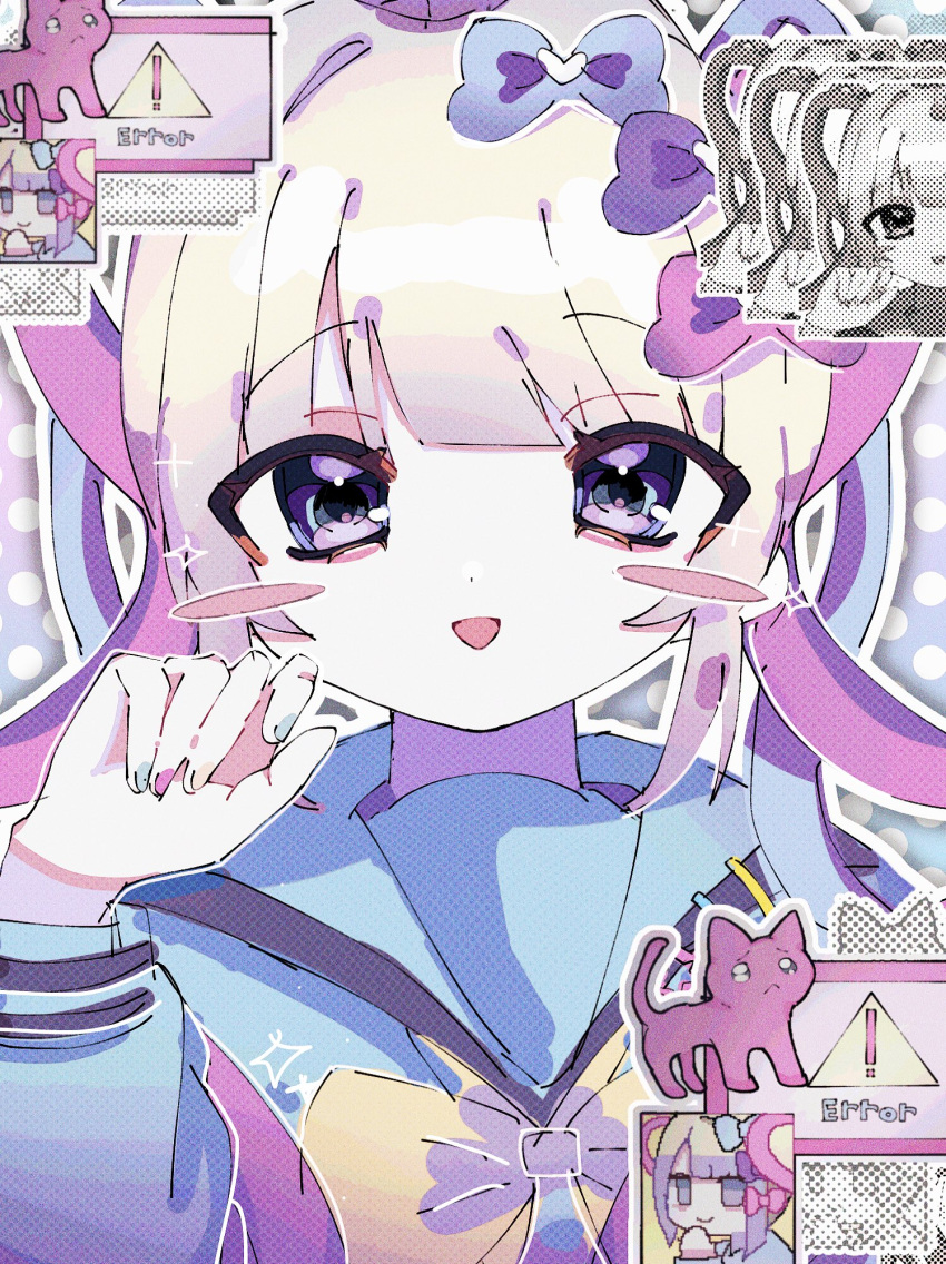 1girl :d blonde_hair blue_bow blue_hair blue_nails blue_shirt blush_stickers bow cat chouzetsusaikawa_tenshi-chan commentary error_message hair_bow hand_up heart highres long_hair long_sleeves looking_at_viewer multicolored_hair multicolored_nails nail_polish needy_girl_overdose open_mouth outline pink_bow pink_hair pink_nails purple_bow quad_tails recurring_image sabanose sailor_collar shirt smile solo symbol-only_commentary upper_body violet_eyes white_outline window_(computing) yellow_bow yellow_nails