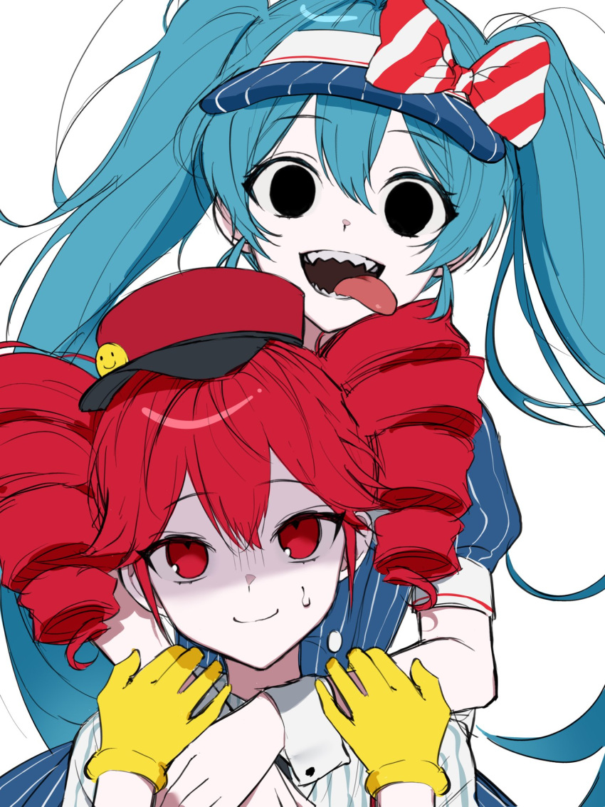 2girls black_eyes black_mouth blue_hair blue_hat bow commentary drill_hair gloves hat hatsune_miku highres hug hug_from_behind kasane_teto long_hair mesmerizer_(vocaloid) multiple_girls n1tav open_mouth pink_eyes pink_hair red_hat sharp_teeth simple_background smile striped_bow sweat teeth tongue tongue_out twin_drills twintails utau very_long_hair visor_cap vocaloid waitress white_background yellow_gloves