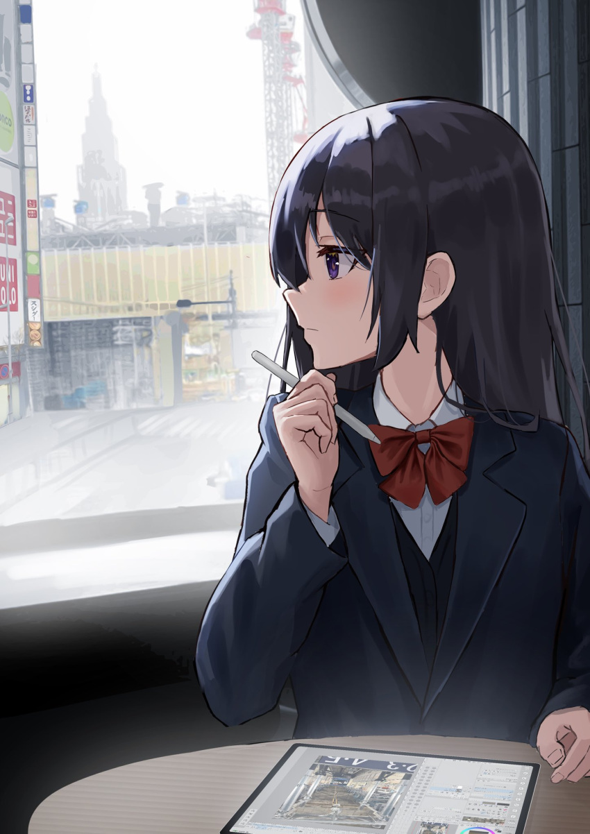 1girl black_hair black_vest blue_jacket blush bow cityscape drawing_tablet hand_on_table highres holding holding_pen indoors jacket keiyo_earth lamppost long_hair looking_outside original pen red_bow school_uniform shirt solo uniform vest violet_eyes white_shirt window