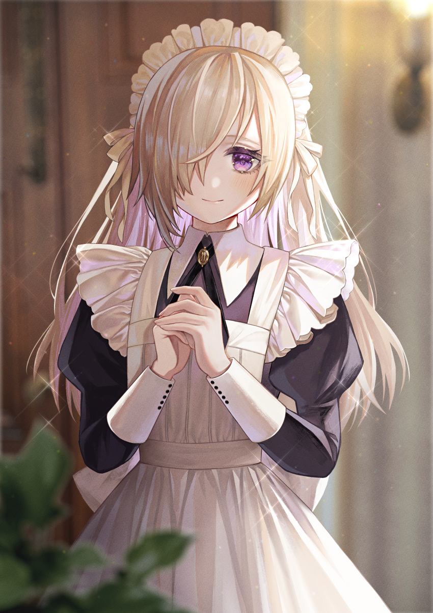 1boy absurdres apron black_dress blonde_hair blurry blurry_background blurry_foreground brooch candle collared_dress colored_inner_hair commission cross_tie crossdressing dress hair_over_one_eye highres indie_virtual_youtuber jewelry juliet_sleeves long_hair long_sleeves looking_at_viewer maid maid_apron maid_headdress male_maid mikemomonga multicolored_hair otoko_no_ko own_hands_together plant puffy_sleeves purple_hair smile solo tsumugi_ayatsuki upper_body violet_eyes white_apron