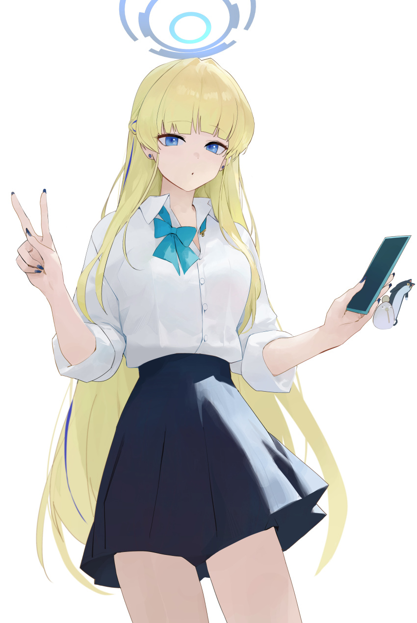 1girl absurdres aqua_bow aqua_bowtie black_skirt blonde_hair blue_archive blue_eyes blue_hair blue_halo bow bowtie collared_shirt cowboy_shot dokshuri earrings halo highres holding holding_phone jewelry long_hair looking_at_viewer multicolored_hair parted_lips phone pleated_skirt school_uniform shirt shirt_tucked_in simple_background skirt solo standing streaked_hair toki_(blue_archive) v very_long_hair white_background white_shirt