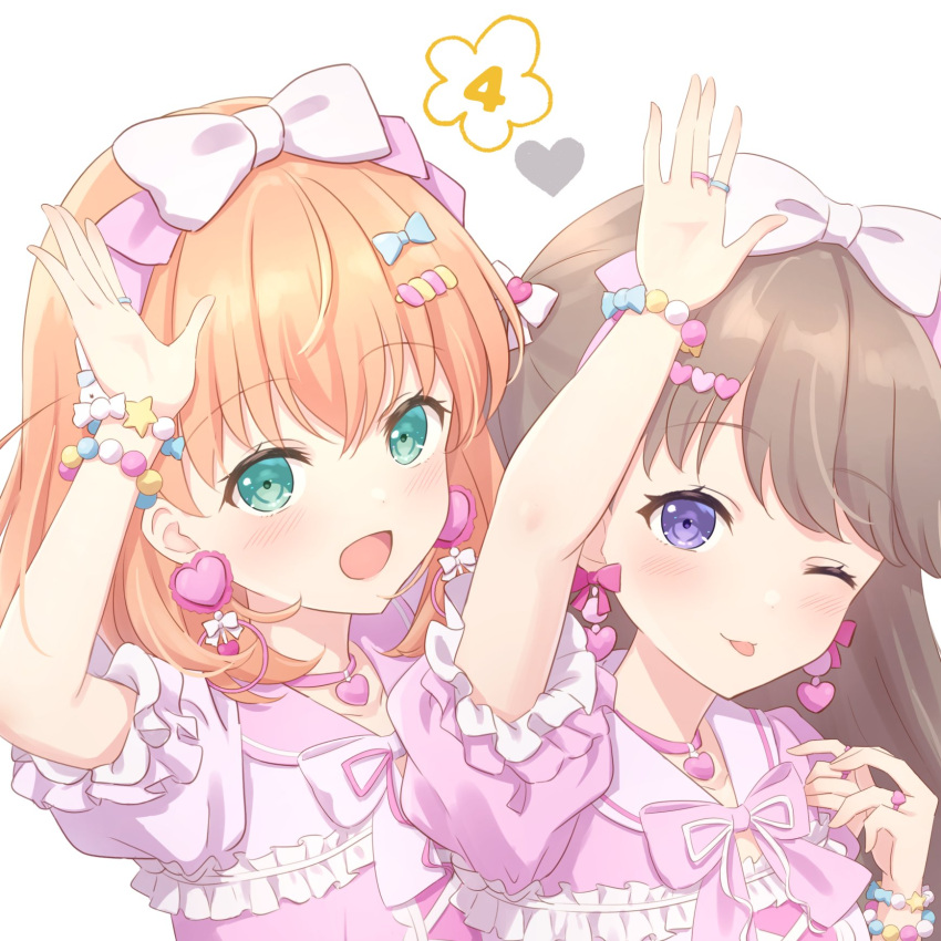 2girls :d ;p aqua_eyes bead_bracelet beads blush bow bow_earrings bow_hairband bowtie bracelet brown_hair choker closed_mouth collarbone commentary crossed_bangs dress earrings flower_(symbol) fujishima_megumi hair_ornament hairband hairclip happy_shijoushugi!_(love_live!) heart heart_choker heart_earrings heart_hair_ornament heart_ring highres hinoshita_kaho jewelry link!_like!_love_live! long_hair looking_at_viewer love_live! medium_hair multiple_girls one_eye_closed open_mouth orange_hair pink_bow pink_bowtie pink_choker pink_dress pink_hairband puffy_short_sleeves puffy_sleeves rabbit_pose ring short_sleeves simple_background smile star_bracelet symbol-only_commentary tongue tongue_out two_side_up upper_body violet_eyes white_background white_bow yutuki_ame