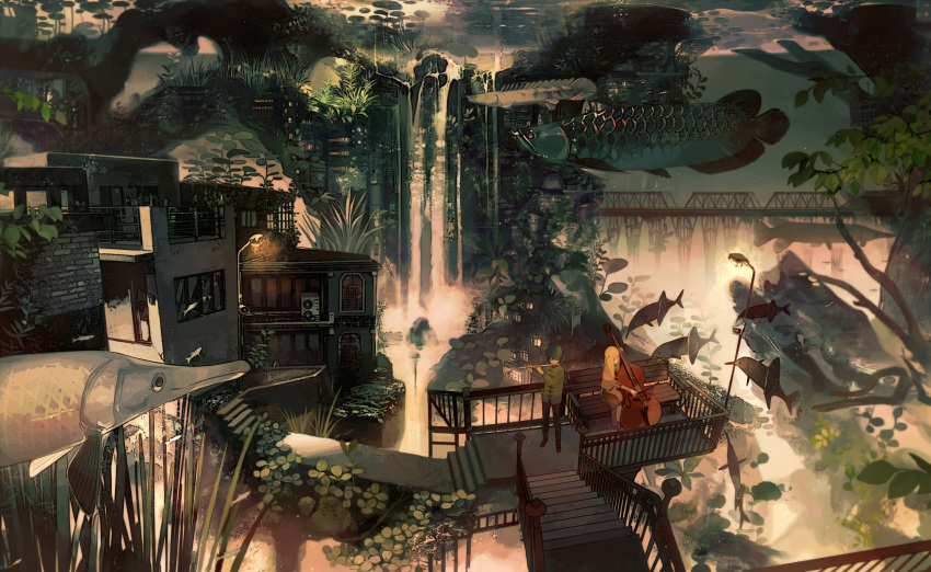 1boy 1girl absurdres bench black_eyes black_hair blonde_hair bow_(music) bridge building cello chinese_clothes closed_eyes facing_away fish flute flying_fish highres holding holding_instrument instrument kukka lamppost long_hair looking_at_another original railing scenery short_hair sitting stairs tree water waterfall