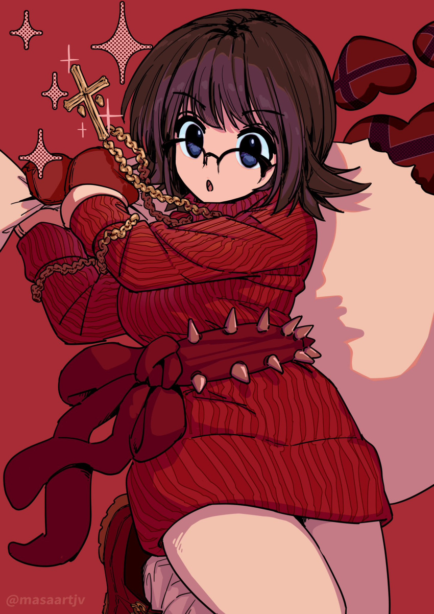 1girl :o black-framed_eyewear blue_eyes chain_necklace christmas commentary cross cross_necklace dress glasses heart highres holding holding_sack hunter_x_hunter jewelry leggings masaartjv medium_hair mittens necklace purple_hair red_background red_footwear red_mittens red_sweater sack semi-rimless_eyewear shizuku_murasaki simple_background solo sparkle spiked_belt sweater sweater_dress symbol-only_commentary twitter_username white_leggings