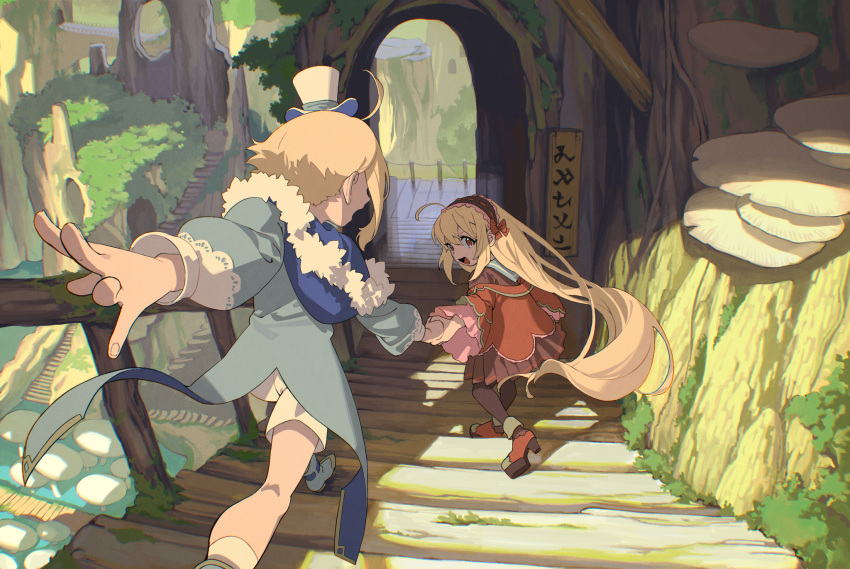 2girls :d ahoge blonde_hair blue_footwear boots bow bridge chromatic_aberration day fantasy foreshortening frilled_hairband frills fur_trim giant_mushroom giant_tree hairband hat high_heels highres holding_hands hood hood_down ka_4maki long_hair looking_back mini_hat moss multiple_girls mushroom nature original outdoors plant pleated_skirt red_bow red_footwear running scenery shoes shorts sign skirt smile stairs tailcoat top_hat tree tree_stump very_long_hair vines white_hat white_shorts