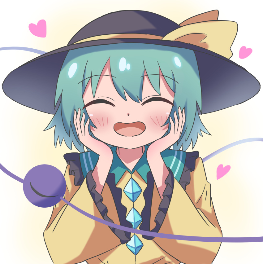 1girl :d ^_^ absurdres black_hat blush buttons closed_eyes diamond_button eyeball facing_viewer frilled_sleeves frills green_eyes green_hair hands_on_own_cheeks hands_on_own_face hat hat_ribbon heart high_meron highres komeiji_koishi long_sleeves ribbon shirt short_hair simple_background smile solo third_eye touhou upper_body white_background wide_sleeves yellow_ribbon yellow_shirt