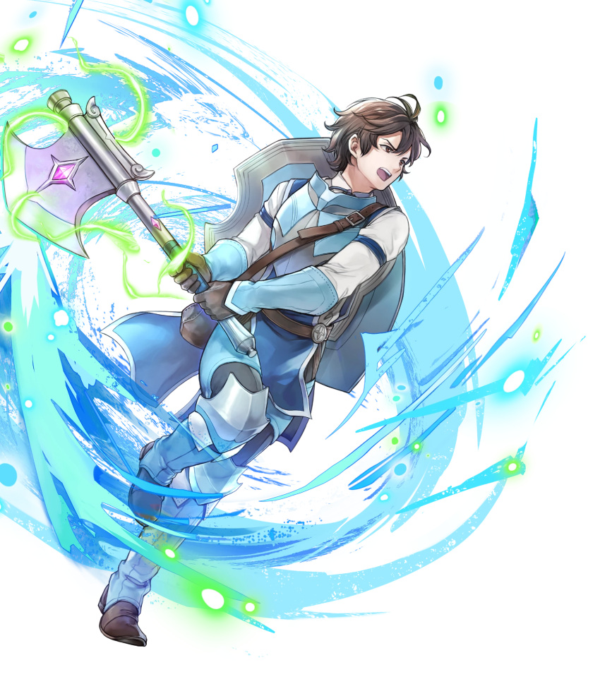 1boy aged_down attack axe brown_eyes brown_gloves brown_hair fire_emblem fire_emblem_awakening fire_emblem_heroes frederick_(child)_(fire_emblem) frederick_(fire_emblem) gloves highres holding holding_axe non-web_source open_mouth pebble pouch shield shield_on_back short_hair solo swinging tagme