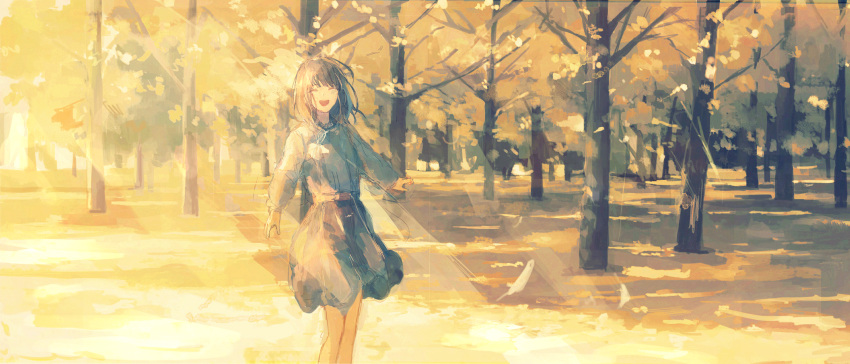 1girl :d autumn black_skirt brown_hair closed_eyes commentary_request day facing_viewer falling_leaves feet_out_of_frame forest highres leaf long_hair long_sleeves medium_hair nature open_mouth original outdoors scenery shirt shirt_tucked_in skirt smile solo standing sunlight sweater tree white_shirt yellow_theme yori_(f2_ef7)
