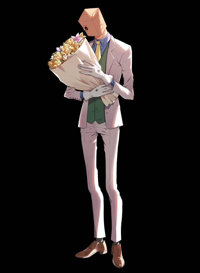 1boy bag black_background bouquet faust_(guilty_gear) flower formal full_body gloves glowing glowing_eye guilty_gear guilty_gear_strive guilty_gear_xrd highres holding holding_bouquet jacket long_fingers long_sleeves male_focus necktie pants paper_bag purple_flower red_eyes rose simple_background standing suit white_flower white_gloves white_jacket white_pants white_suit yeji36 yellow_flower yellow_necktie yellow_rose