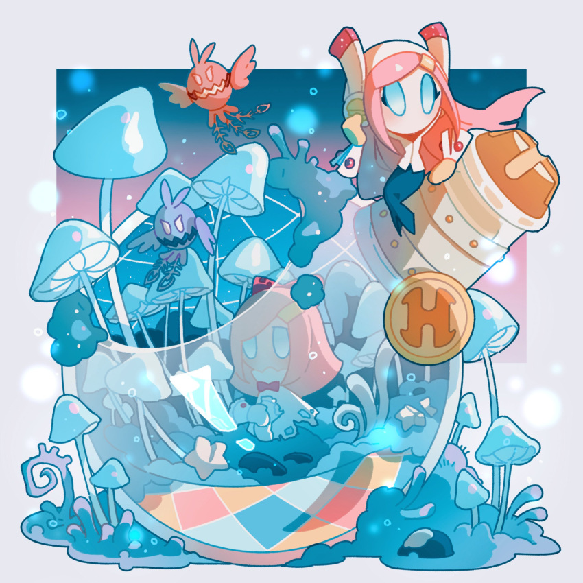 absurdres blue_eyes blue_skirt blush bow bowtie doomer_(kirby) dress flask floating_hair flying giant_mushroom glef_life gloves gradient_sky hair_bow highres in_flask kirby:_planet_robobot kirby_(series) light_particles long_hair long_skirt looking_to_the_side mold mushroom night night_sky no_humans parted_bangs pencil_skirt pink_hair red_bow red_bowtie rock sidelocks simple_background sitting skirt sky sphere_doomer star_(symbol) susie_(kirby) swept_bangs torn_clothes torn_dress white_background white_dress white_gloves wrist_cuffs yellow_gloves