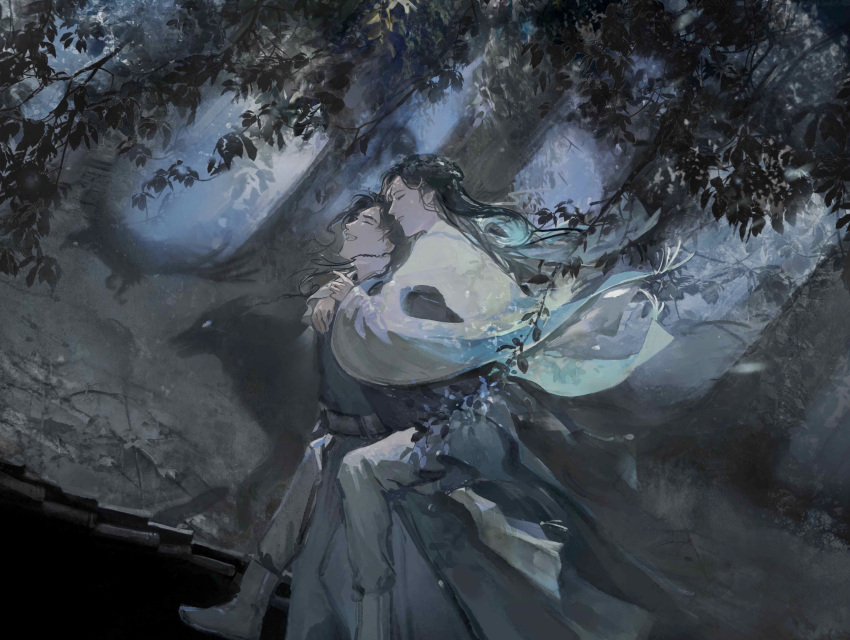 2boys belt bird black_hair blue_hanfu boots carrying chinese_clothes chinese_commentary closed_eyes forest full_body hanfu highres limited_palette long_hair long_sleeves male_focus multiple_boys nature nthatall open_mouth outdoors pants piggyback qiang_jin_jiu shen_lanzhou teeth tree upper_teeth_only white_hanfu white_pants wide_sleeves wolf xiao_chiye