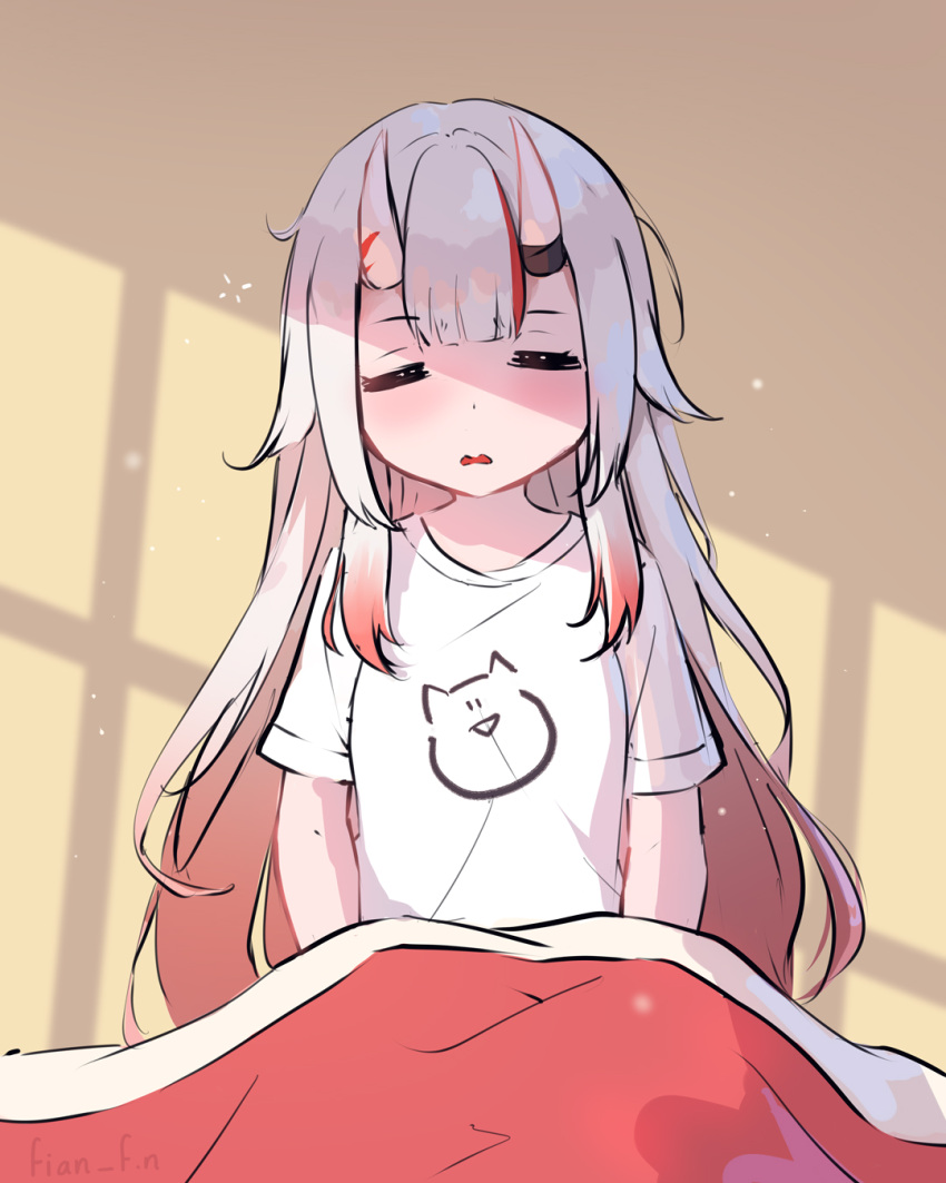 1girl artist_name blanket closed_eyes commentary english_commentary fian_f.n highres hololive horns long_hair multicolored_hair nakiri_ayame open_mouth shadow shirt sleepy solo streaked_hair t-shirt virtual_youtuber white_hair white_shirt yellow_background