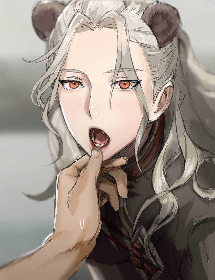 1boy absurdres animal_ears bishounen blurry blurry_background chinese_clothes commentary_request ensemble_stars! fang finger_in_another's_mouth grey_background grey_hair highres jiz_(pffbq) kemonomimi_mode long_hair looking_at_viewer male_focus mouth_pull open_mouth orange_eyes panda_boy panda_ears pov ran_nagisa short_sleeves solo_focus sweet_sweet_hunger_(ensemble_stars!) upper_body