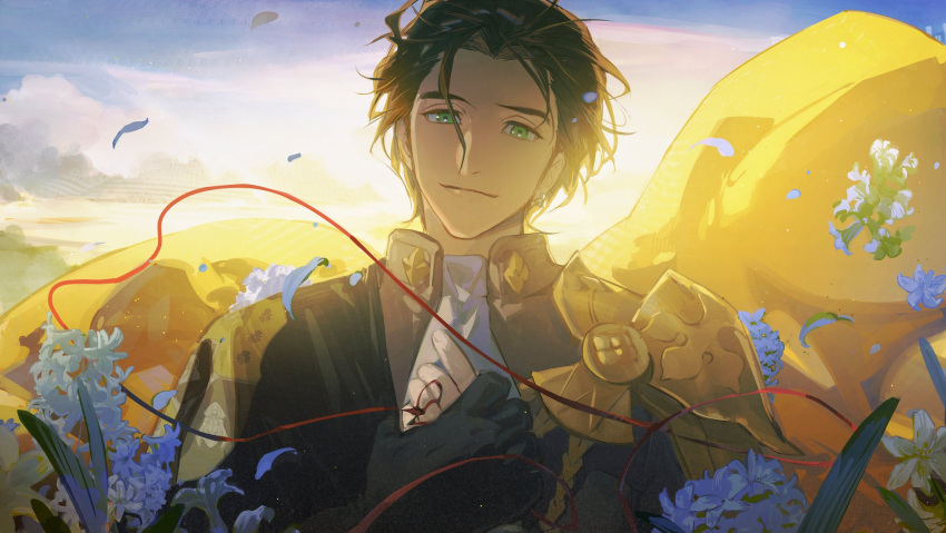 1boy armor black_gloves blue_flower brown_hair cape claude_von_riegan closed_mouth clouds earrings falling_petals fire_emblem fire_emblem:_three_houses flower gloves green_eyes highres jewelry kkia looking_at_viewer male_focus petals short_hair sky smile solo string string_of_fate upper_body yellow_cape