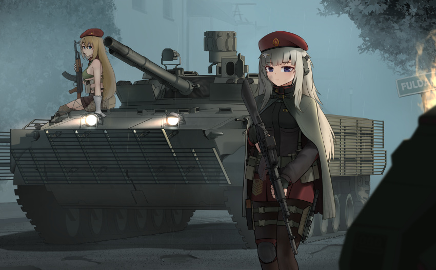 2girls absurdres ak-47 ak-47_(girls'_frontline) ak-74m ak74m_(girls'_frontline) akm armored_vehicle assault_rifle beret black_gloves black_thighhighs blonde_hair blue_eyes bmp-3 brown_shorts cloak combat_knife commentary commission ear_protection expressionless fingerless_gloves fire fog girls_frontline gloves gun hat highres holding holding_gun holding_weapon kalashnikov_rifle knee_pads knife long_hair looking_at_viewer multiple_girls outdoors ovvvgog13235 pouch red_skirt rifle sheath sheathed shorts single_knee_pad sitting skirt thigh-highs violet_eyes weapon white_gloves white_hair