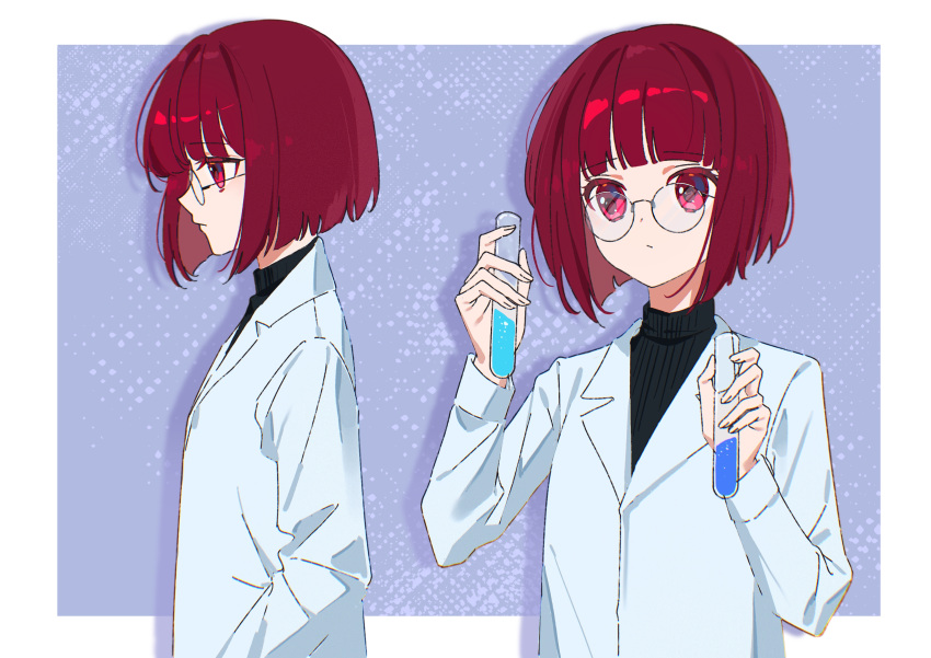 1girl absurdres alternate_costume arima_kana black_sweater blunt_bangs bob_cut border breasts chinese_commentary closed_mouth commentary dot_mouth from_side glasses hands_in_pockets highres holding holding_test_tube inverted_bob lab_coat looking_ahead looking_at_object loose_hair_strand multiple_views oshi_no_ko outside_border profile purple_background red_eyes redhead ribbed_sweater round_eyewear short_hair small_breasts solo_focus sweater test_tube turtleneck turtleneck_sweater upper_body white_border xiang_yu_pai