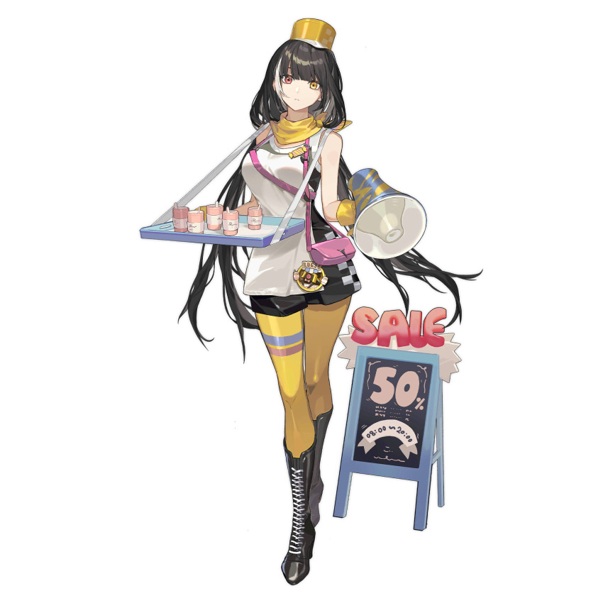 1girl apron artist_request bag bandana bandana_around_neck black_dress black_footwear black_hair boots breasts chalkboard_sign closed_mouth cross-laced_footwear cup disposable_cup dress english_text expressionless full_body girls_frontline gloves handbag hat heterochromia high_heel_boots high_heels highres holding holding_megaphone holding_tray kepi knee_boots lace-up_boots large_breasts long_hair looking_at_viewer low_twintails megaphone military_hat multicolored_hair official_alternate_costume official_art pink_bag red_eyes ro635_(girls'_frontline) ro635_(sakura_milkshake)_(girls'_frontline) sale short_dress simple_background sleeveless sleeveless_dress standing streaked_hair thigh-highs third-party_source transparent_background tray twintails very_long_hair waitress white_apron white_background white_hair yellow_bandana yellow_eyes yellow_gloves yellow_hat yellow_thighhighs