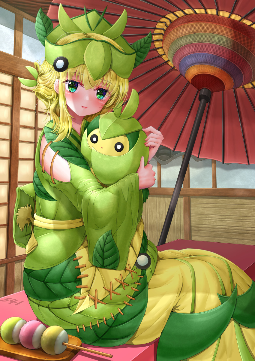 1girl absurdres blonde_hair blush creature_and_personification dango day food green_eyes green_hat hat highres indoors leaf looking_at_viewer oil-paper_umbrella personification pokedex_number pokemon pokemon_(creature) red_umbrella sitting swadloon umbrella wagashi wide_sleeves yellow-star-light