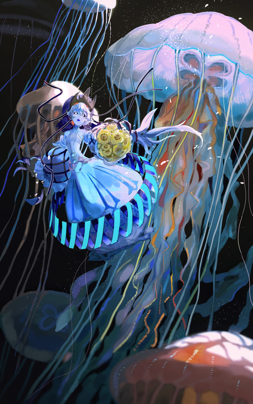 1girl absurdres dress fate/grand_order fate_(series) floating flower highres jellyfish looking_at_viewer qmiqun solo sunflower van_gogh_(fate) van_gogh_(third_ascension)_(fate) white_dress white_hair