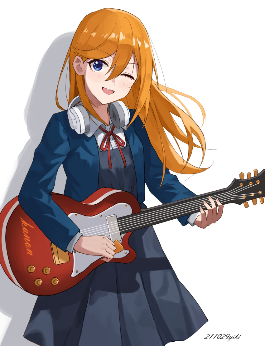 1girl absurdres alternate_hair_length alternate_hairstyle blue_jacket blush collared_shirt commentary_request dated dress electric_guitar grey_dress guitar hair_between_eyes hair_flowing_over headphones headphones_around_neck highres holding holding_instrument holding_plectrum instrument jacket long_hair long_sleeves looking_at_viewer love_live! love_live!_superstar!! music neck_ribbon one_eye_closed open_clothes open_jacket open_mouth orange_hair playing_instrument plectrum red_ribbon ribbon school_uniform shadow shibuya_kanon shirt sidelocks solo standing upper_body violet_eyes white_background white_shirt winter_uniform yikiraki yuigaoka_school_uniform
