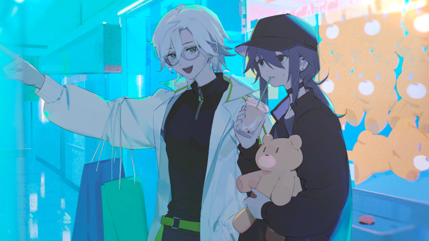 2boys :d arcade backlighting bag baseball_cap belt black_choker black_eyes black_hat black_jacket bubble_tea choker commission cowboy_shot crane_(machine) drink drinking_straw earrings glasses green_belt green_trim grey_eyes hair_between_eyes hand_in_pocket hand_up hat highres holding holding_drink holding_stuffed_toy indoors jacket jewelry long_sleeves looking_at_another makagi2 multiple_boys multiple_piercings open_collar original outstretched_hand parted_bangs parted_lips piercing pointing ponyta purple_hair shopping_bag short_hair side-by-side skeb_commission smile stud_earrings stuffed_animal stuffed_toy teddy_bear three_quarter_view transparent_eyewear turtleneck unkempt white_hair white_jacket zipper zipper_pull_tab