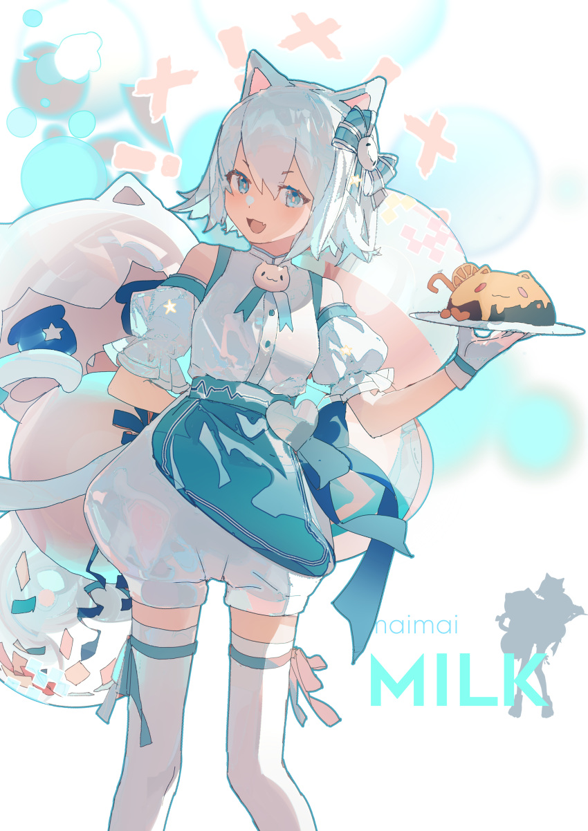 ! 1girl :d absurdres animal_ears apron aqua_ribbon arm_behind_back bare_shoulders blue_eyes bow cat_ears cat_girl cat_tail character_name copyright_name detached_sleeves food fruit gloves hair_bow highres holding holding_plate holding_tray leg_ribbon lobelia_(saclia) looking_at_viewer maimai_(game) milk_(maimai) open_mouth orange_(fruit) orange_slice plate puffy_shorts puffy_sleeves ribbon shirt short_hair short_sleeves shorts smile solo standing tail thigh-highs thigh_ribbon tray virtual_youtuber white_background white_gloves white_hair white_shirt white_thighhighs x zettai_ryouiki