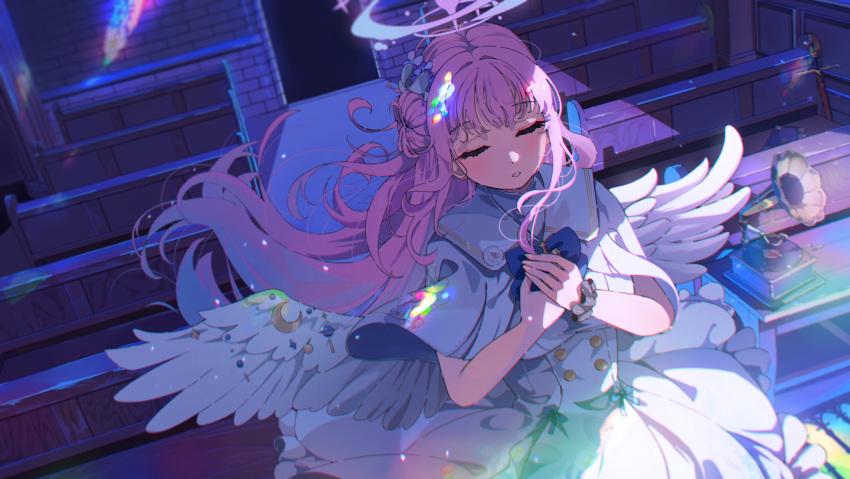 1girl angel_wings blue_archive blush capelet closed_eyes crescent crescent_pin dress feathered_wings hair_bun halo highres indoors long_hair mika_(blue_archive) parted_lips pink_hair pink_halo sakatsuki_yakumo single_side_bun solo white_capelet white_dress white_wings wings