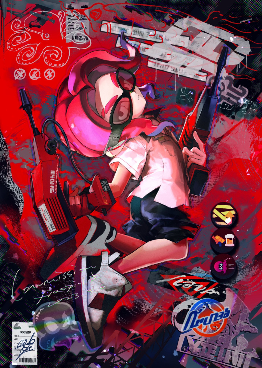 1boy artist_name black-framed_eyewear black_shorts blue_hair brown_shirt commentary commission dual_squelcher_(splatoon) dual_wielding eyebrow_cut full_body highres holding holding_weapon male_focus medium_hair multicolored_hair octoling octoling_boy octoling_player_character parted_lips red-tinted_eyewear redhead shirt shorts solo splatoon_(series) splatoon_3 symbol-only_commentary teeth tentacle_hair thick_eyebrows tinted_eyewear two-tone_hair weapon white_eyes white_footwear xiaopi_(babaofnoreturn)