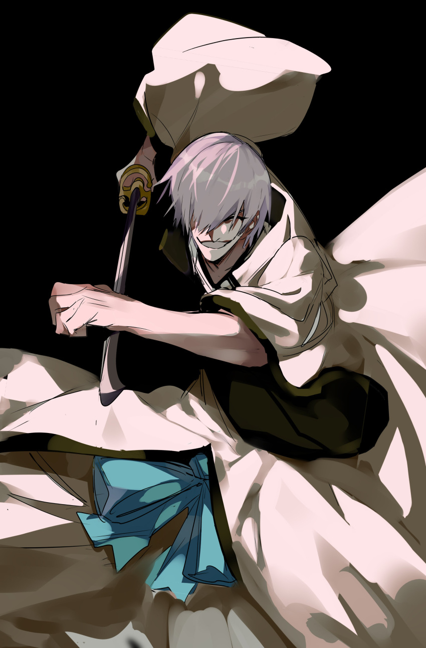 1boy absurdres black_background bleach blue_sash evil_grin evil_smile fighting_stance grin hair_over_one_eye hakama highres holding holding_sword holding_weapon ichimaru_gin incoming_attack jacket japanese_clothes looking_at_viewer male_focus obi one_eye_closed one_eye_covered pants sash shinigami shirt smile solo sword weapon white_hair white_hakama white_jacket white_pants white_shirt wide_sleeves xi_luo_an_ya zanpakutou