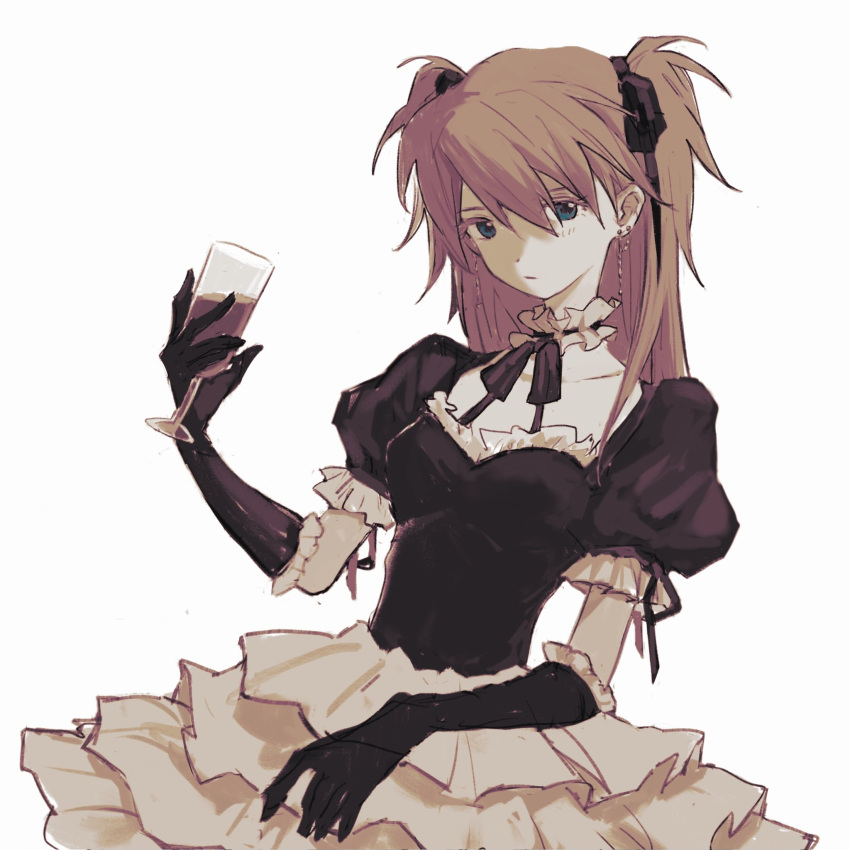 1girl black_gloves blue_eyes cup dress drinking_glass earrings expressionless frilled_dress frilled_gloves frills gloves highres jewelry long_sleeves neon_genesis_evangelion nihiru0513 orange_hair puffy_short_sleeves puffy_sleeves red_wine short_sleeves solo souryuu_asuka_langley twintails white_background wine_glass