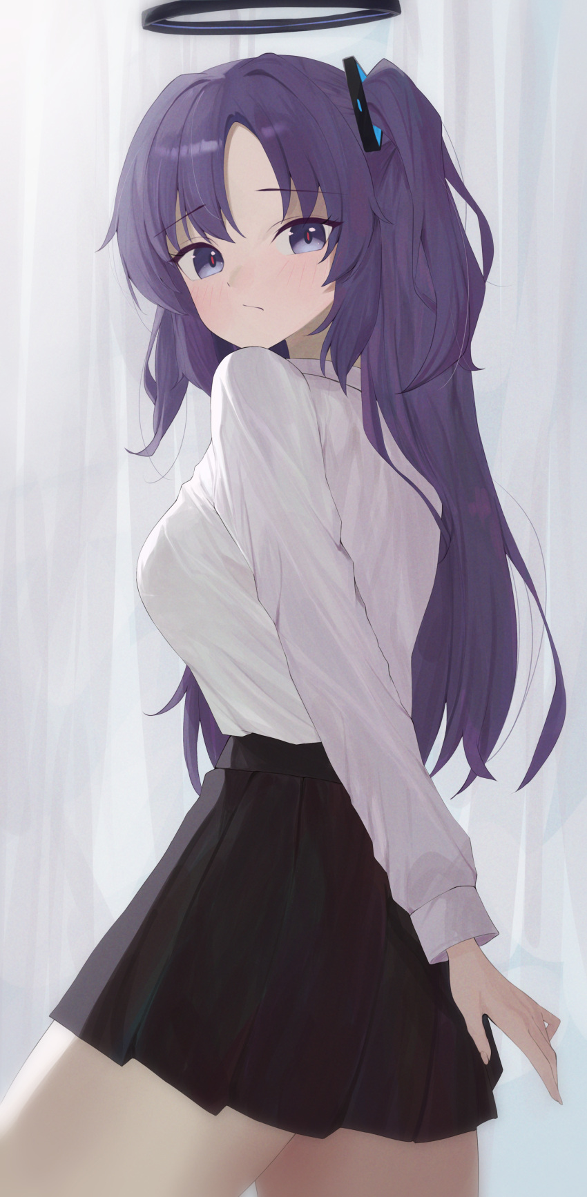 1girl absurdres black_skirt blue_archive blush breasts closed_mouth cowboy_shot halo highres long_hair long_sleeves looking_at_viewer mechanical_halo medium_breasts pleated_skirt purple_hair sei_(0724sei6) shirt skirt solo two_side_up violet_eyes white_shirt yuuka_(blue_archive)
